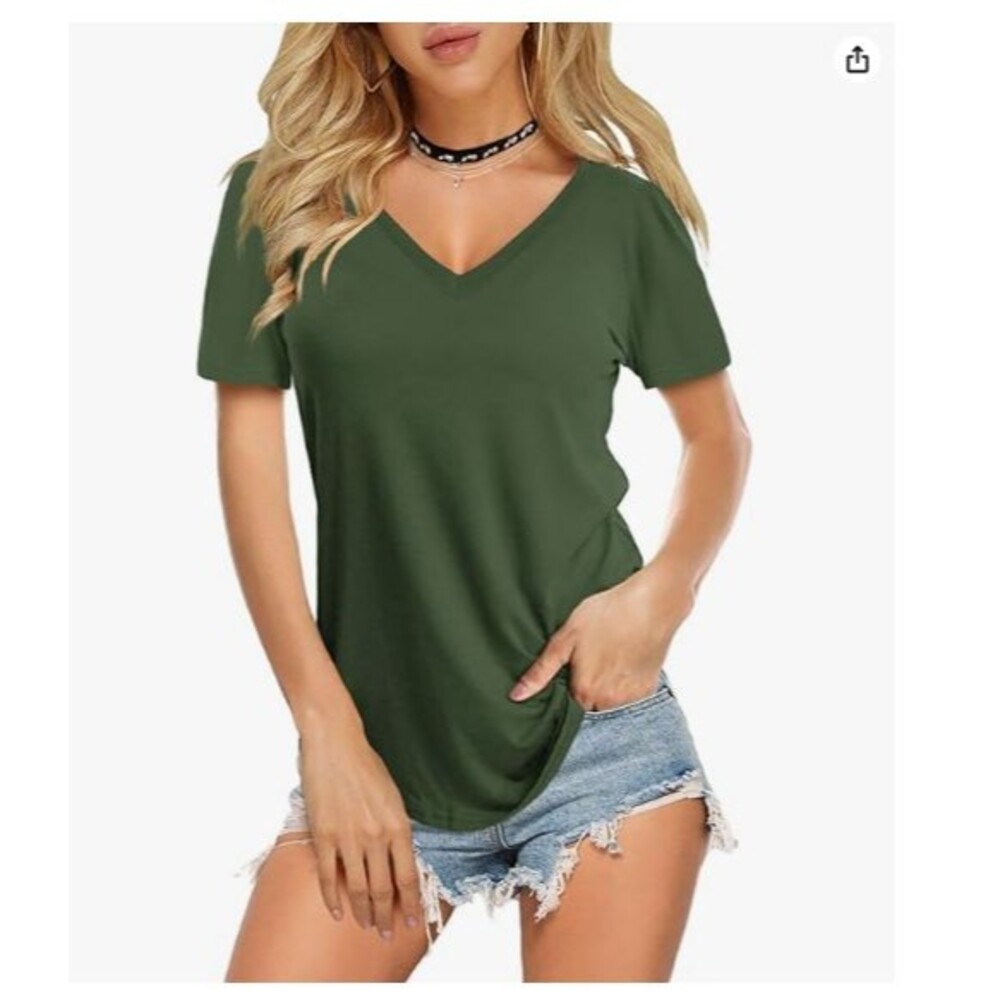 Amoretu Women’s T Shirts V Neck Short Sleeve Large Green Basic Tee Curved